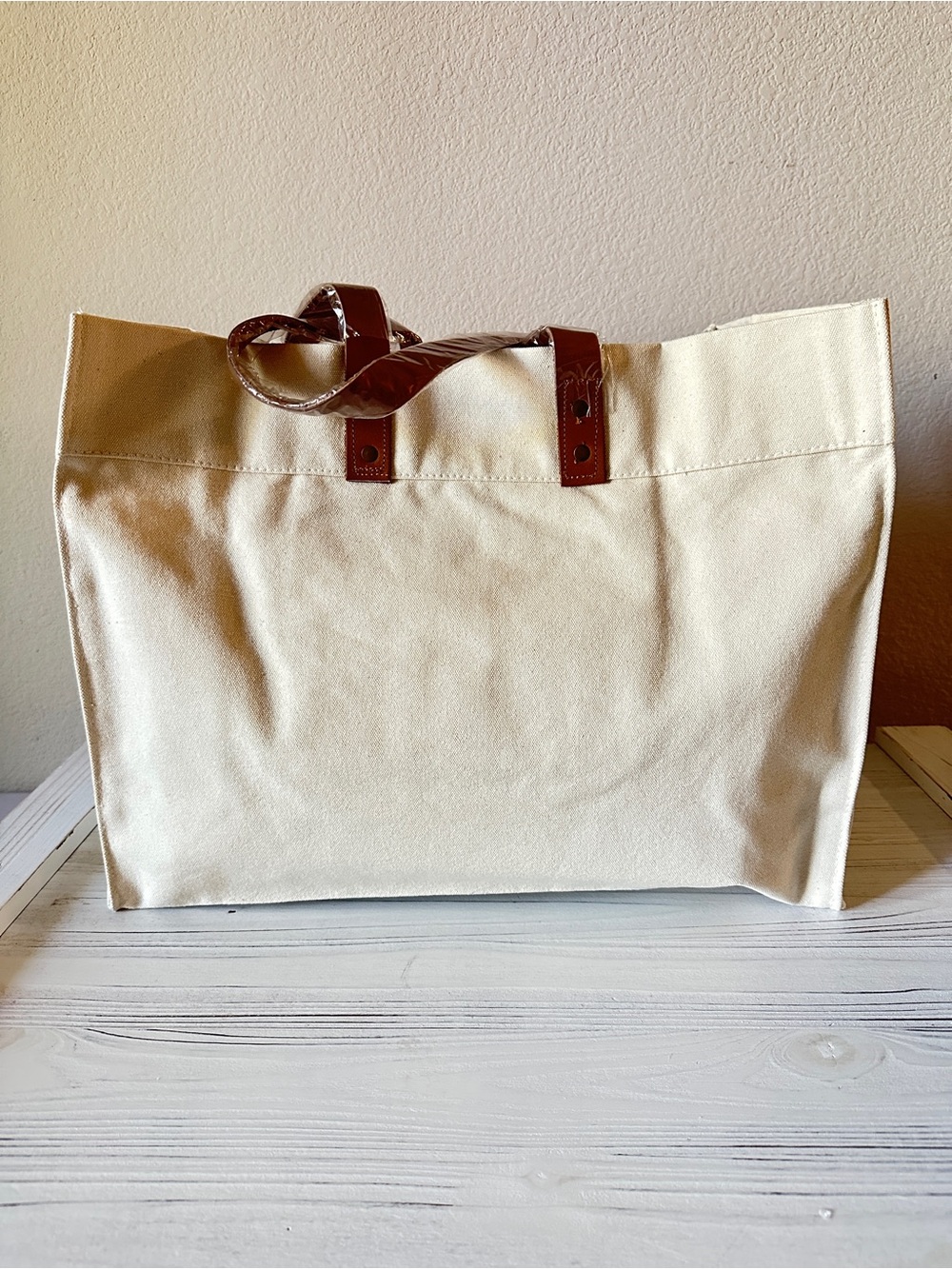 Canvas Tote Bag with Brown Leather Handles - Cream